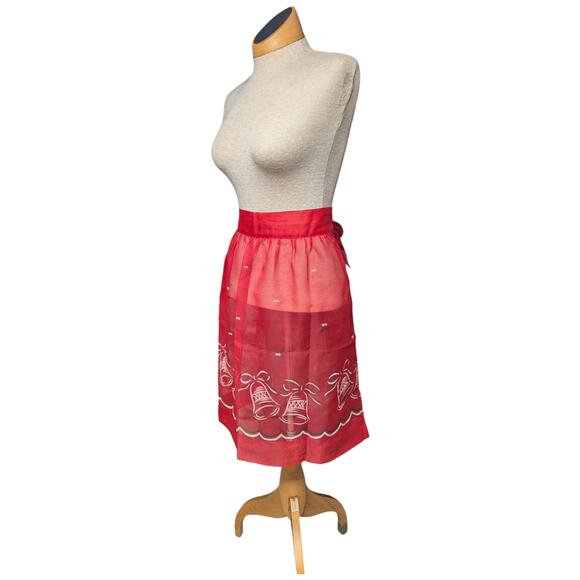 Vtg 1950s Red Sheer Chiffon Holiday Bell Graphic Single Pocket Half Apron OS - Picture 1 of 4